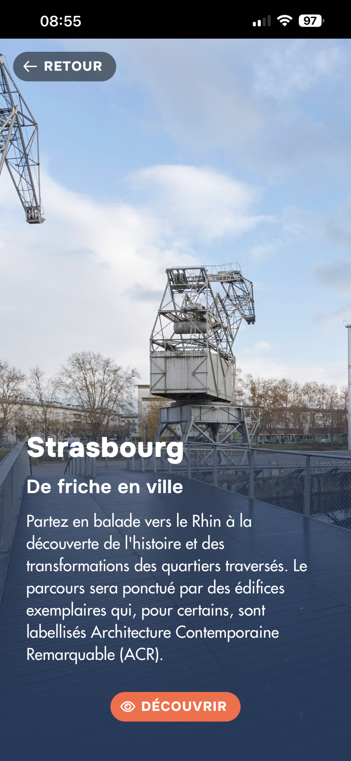 Capture d'écran de l'écran d'accueil du parcours Strasbourg, de friche en ville